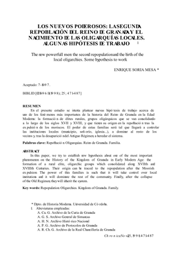 La Segunda Repoblación Del Reino De Granada Y El Nacimiento De Las Oligarquías Locales