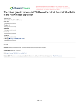 The Role of Genetic Variants in FCGR2A on the Risk of Rheumatoid Arthritis in the Han Chinese Population