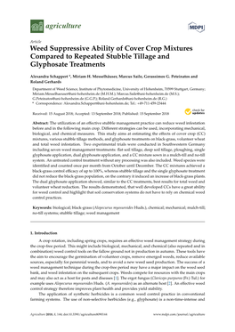 Weed Suppressive Ability of Cover Crop Mixtures Compared to Repeated Stubble Tillage and Glyphosate Treatments