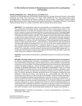 In Vitro Antitumor Activity of Sesquiterpene Lactones from Lychnophora Trichocarpha