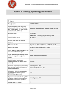 Nutrition in Andrology, Gynaecology and Obstetrics