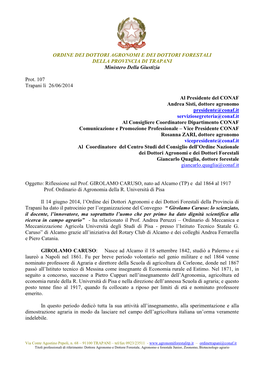 Lettera Al CONAF Sul Prof. Girolamo Caruso