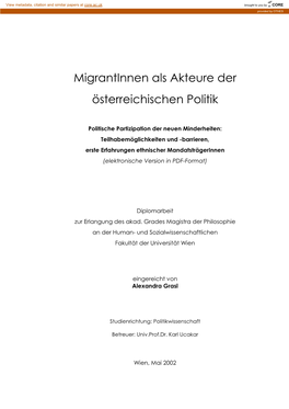 Migrantinnen Als Akteure Der Österreichischen Politik