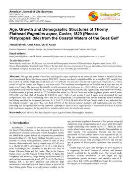 Age, Growth and Demographic Structures of Thorny Flathead Rogadius Asper , Cuvier, 1829 (Pieces: Platycephalidae) from the Coastal Waters of the Suez Gulf