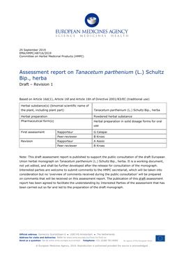 Assessment Report on Tanacetum Parthenium (L.) Schultz Bip., Herba. Draft