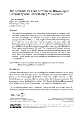 The Scramble for Land Between the Barokologadi Community and Hermannsburg Missionaries