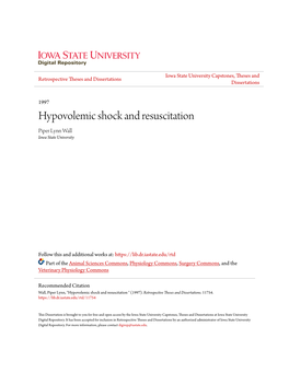 Hypovolemic Shock and Resuscitation Piper Lynn Wall Iowa State University