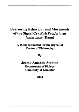 Burrowing Behaviour and Movements of the Signal Crayfish Pacifastacus Leniusculus (Dana)