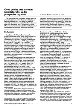 Good Quality Care Increases Hospital Profits Under Prospective Payment by David C