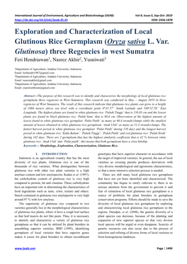 Exploration and Characterization of Local Glutinous Rice Germplasm (Oryza Sativa L