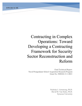 Contracting in Complex Operations: Toward Developing a Contracting Framework for Security Sector Reconstruction and Reform