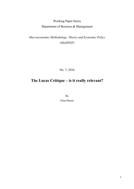 The Lucas Critique – Is It Really Relevant?