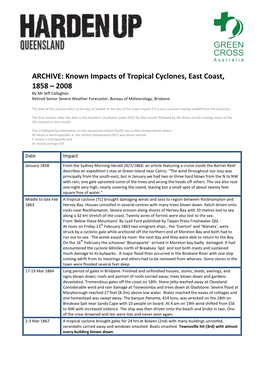 Known Impacts of Tropical Cyclones, East Coast, 1858 – 2008 by Mr Jeff Callaghan Retired Senior Severe Weather Forecaster, Bureau of Meteorology, Brisbane