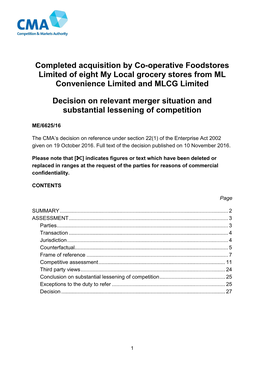 Completed Acquisition by Co-Operative Foodstores Limited of Eight My Local Grocery Stores from ML Convenience Limited and MLCG Limited