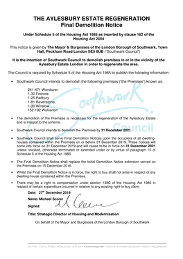 THE AYLESBURY ESTATE REGENERATION Final Demolition Notice