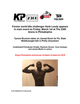Lundy Appears in Main Event on Friday, March 1St at the 2300 Arena in Philadelphia