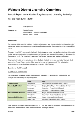 Waimate District Licensing Committee Annual Report to the Alcohol Regulatory and Licensing Authority for the Year 2018 - 2019