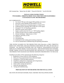 Installation Instructions Two Barrel, Throttle Body Fuel Injection for Oldsmobile V­8 Engines in Gmc Motor Homes