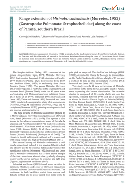 Range Extension of Mirinaba Cadeadensis (Morretes, 1952) (Gastropoda: Pulmonata: Strophocheilidae) Along the Coast