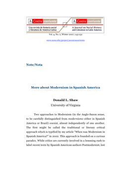 Note/Nota More About Modernism in Spanish America Donald L. Shaw