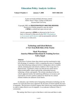 EPAA Vol. 8 No. 4 Warschauer: Technology and School Reform Di