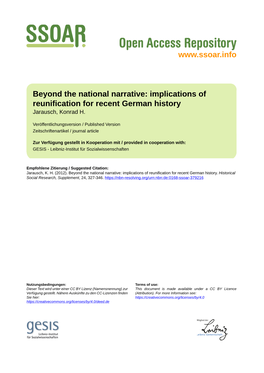 Beyond the National Narrative: Implications of Reunification for Recent German History Jarausch, Konrad H