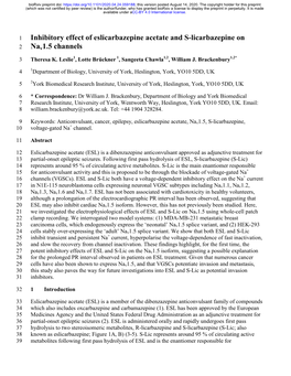 Inhibitory Effect of Eslicarbazepine Acetate and S-Licarbazepine on 2 Nav1.5 Channels