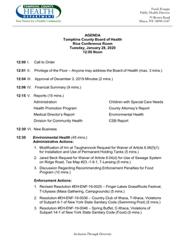 AGENDA Tompkins County Board of Health Rice Conference Room Tuesday, January 28, 2020 12:00 Noon