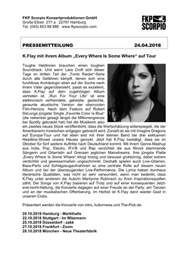 PRESSEMITTEILUNG 24.04.2018 K.Flay Mit Ihrem Album „Every Where Is Some Where“ Auf Tour