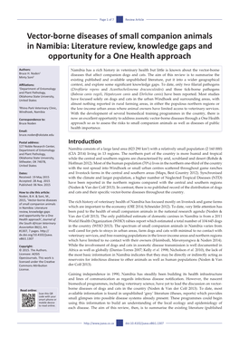 Vector-Borne Diseases of Small Companion Animals in Namibia: Literature Review, Knowledge Gaps and Opportunity for a One Health Approach