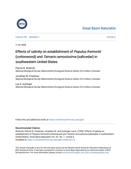 Effects of Salinity on Establishment of Populus Fremontii (Cottonwood) and Tamarix Ramosissima (Saltcedar) in Southwestern United States