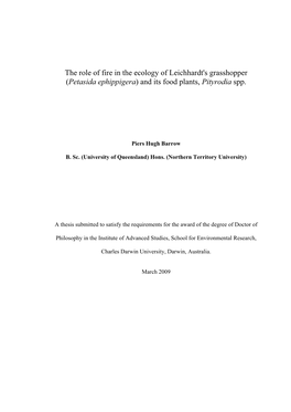 The Role of Fire in the Ecology of Leichhardt's Grasshopper (Petasida Ephippigera) and Its Food Plants, Pityrodia Spp