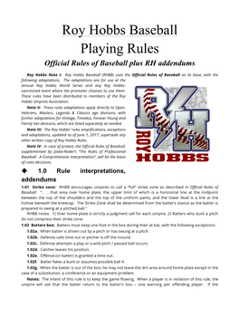 Roy Hobbs Baseball Playing Rules Official Rules of Baseball Plus RH Addendums