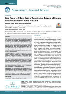 A Rare Case of Penetrating Trauma of Frontal Sinus with Anterior Table Fracture Himanshu Raval1*, Mona Bhatt2 and Nihar Gaur3