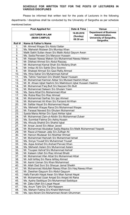 Schedule for Written Test for the Posts of Lecturers in Various Disciplines