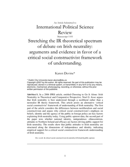 Stretching the IR Theoretical Spectrum of Debate on Irish Neutrality: Arguments and Evidence in Favor of a Critical Social Constructivist Framework of Understanding