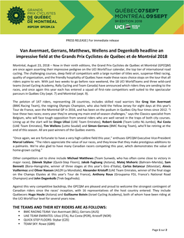 Van Avermaet, Gerrans, Matthews, Wellens and Degenkolb Headline an Impressive Field at the Grands Prix Cyclistes De Québec Et De Montréal 2018