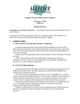 Legislative Committee Meeting Minutes February 2021 Click Here For