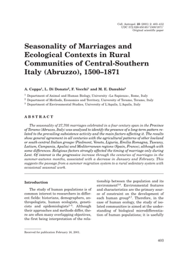 Seasonality of Marriages and Ecological Contexts in Rural Communities of Central-Southern Italy (Abruzzo), 1500–1871