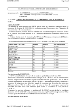 N° 01/2009 : Adhésion Des 13 Communes Du SE CHENOIS (En Cours De Dissolution) Au SEBVF