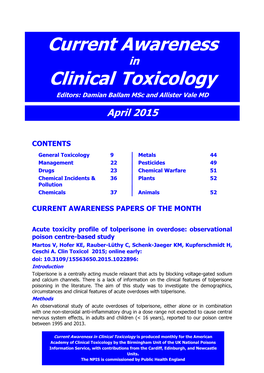 Current Awareness in Clinical Toxicology Editors: Damian Ballam Msc and Allister Vale MD