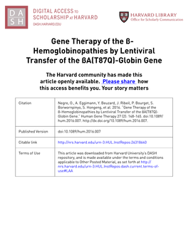 Hemoglobinopathies by Lentiviral Transfer of the Βa(T87Q)-Globin Gene