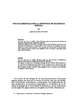 Notas Florísticas Para La Provincia De Salamanca (España)