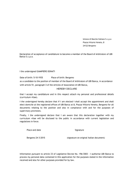 Declaration of Acceptance of Candidature to Become a Member of the Board of Arbitrators of UBI Banca S.C.P.A