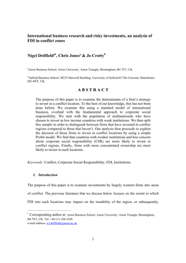 International Business Research and Risky Investments, an Analysis of FDI in Conflict Zones Nigel Driffieldª , Chris Jonesª &A