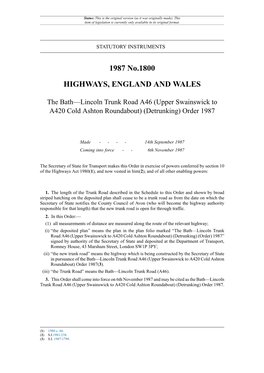 The Bath—Lincoln Trunk Road A46 (Upper Swainswick to A420 Cold Ashton Roundabout) (Detrunking) Order 1987