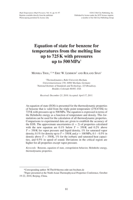 Equation of State for Benzene for Temperatures from the Melting Line up to 725 K with Pressures up to 500 Mpa†