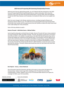 2020 Hancock Prospecting WA Swimming Championships Preview