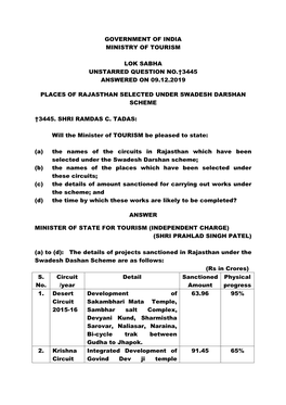 Government of India Ministry of Tourism Lok Sabha Unstarred Question No.†3445 Answered on 09.12.2019 Places of Rajasthan Selec