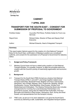 Transport for the South East – Consent for Submission of Proposal to Government